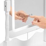 Zrkadlový toaletný stolík so stoličkou a LED osvetlením – 5 zásuviek – Biela